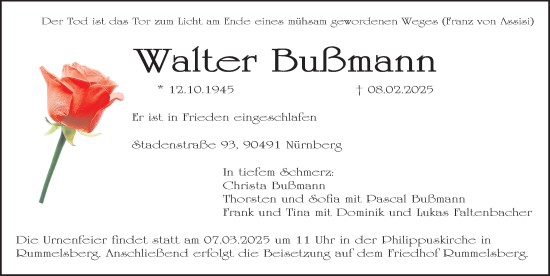Traueranzeige von Walter Bußmann von Der Bote