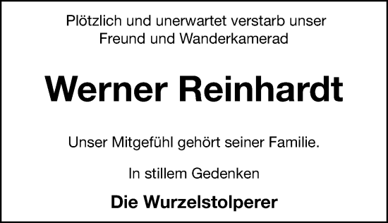 Traueranzeige von Werner Reinhardt von Hersbrucker Zeitung Lokal