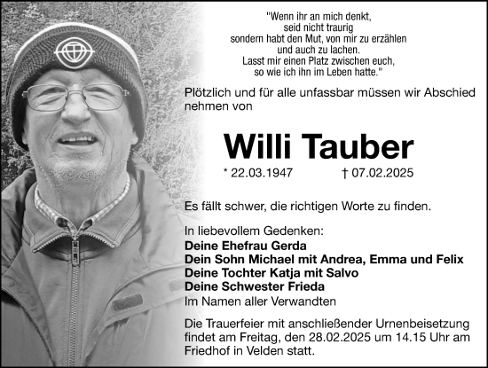 Traueranzeige von Willi Tauber von Hersbrucker Zeitung Lokal