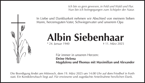 Traueranzeige von Albin Siebenhaar von Pegnitz-Zeitung