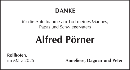 Traueranzeige von Alfred Pörner von Pegnitz-Zeitung