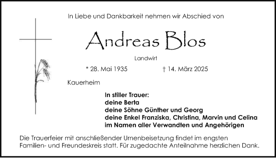 Traueranzeige von Andreas Blos von Hersbrucker Zeitung Lokal
