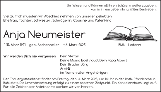 Traueranzeige von Anja Neumeister von Pegnitz-Zeitung