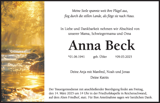 Traueranzeige von Anna Beck von Hersbrucker Zeitung Lokal