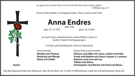 Traueranzeige von Anna Endres von Hersbrucker Zeitung Lokal