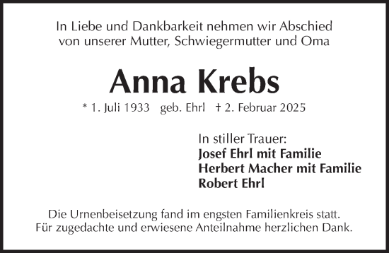 Traueranzeige von Anna Krebs von Pegnitz-Zeitung