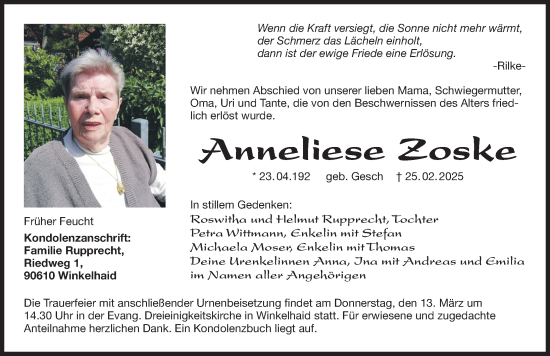 Traueranzeige von Anneliese Zoske von Der Bote