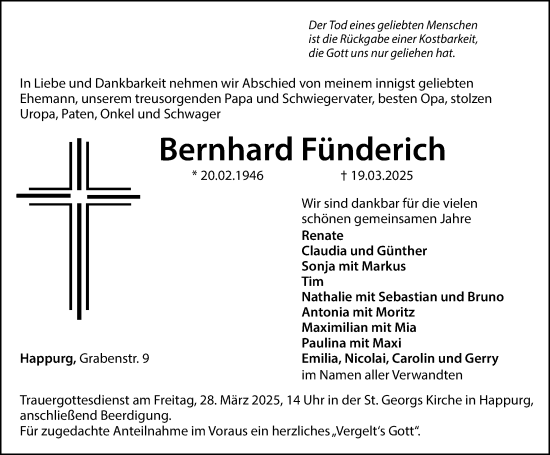 Traueranzeige von Bernhard Fünderich von Hersbrucker Zeitung Lokal
