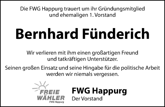 Traueranzeige von Bernhard Fünderich von Hersbrucker Zeitung Lokal