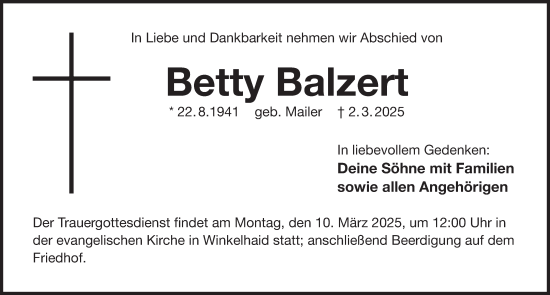 Traueranzeige von Betty Balzert von Der Bote