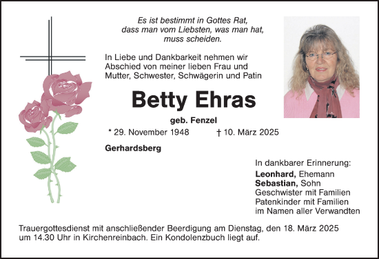 Traueranzeige von Betty Ehras von Hersbrucker Zeitung Lokal
