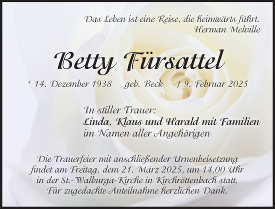 Traueranzeige von Betty Fürsattel von Pegnitz-Zeitung