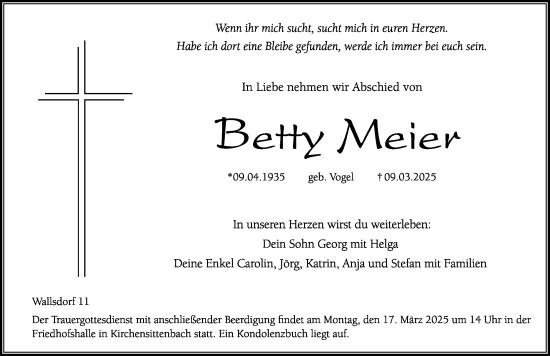 Traueranzeige von Betty Meier von Hersbrucker Zeitung Lokal