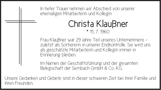 Traueranzeige von Christa Klaußner von Pegnitz-Zeitung