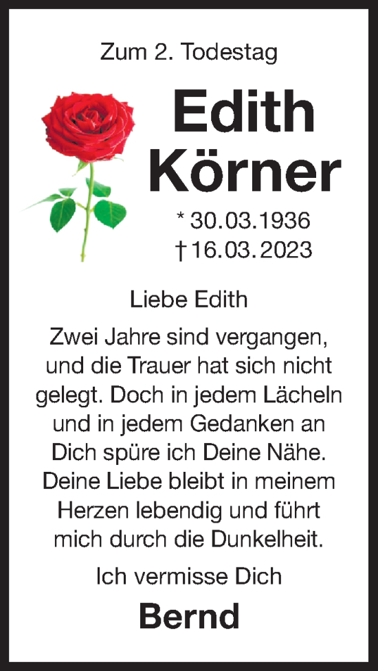 Traueranzeige von Edith Körner von Der Bote