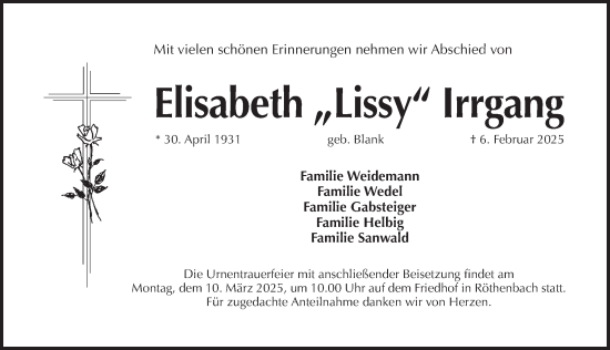 Traueranzeige von Elisabeth Irrgang von Pegnitz-Zeitung
