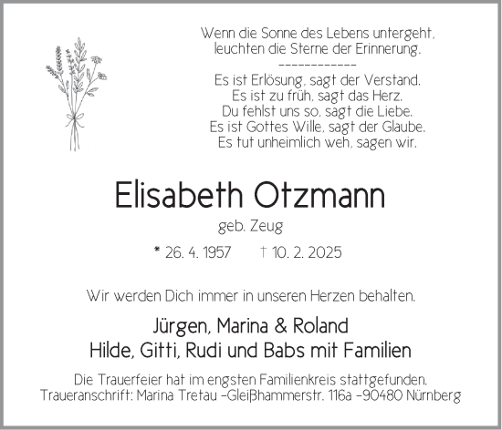 Traueranzeige von Elisabeth Otzmann von Pegnitz-Zeitung