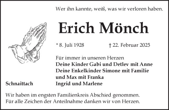 Traueranzeige von Erich Mönch von Pegnitz-Zeitung