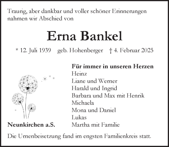 Traueranzeige von Erna Bankel von Pegnitz-Zeitung