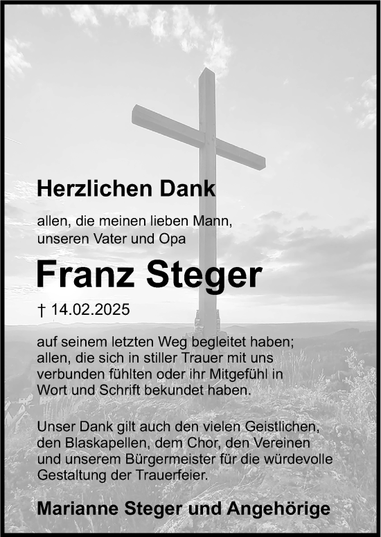 Traueranzeige von Franz Steger von Hersbrucker Zeitung Lokal