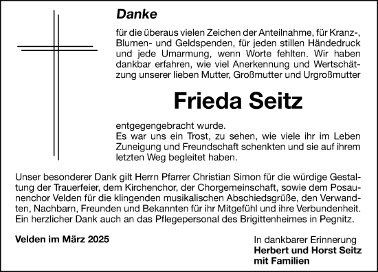 Traueranzeige von Frieda Seitz von Hersbrucker Zeitung Lokal