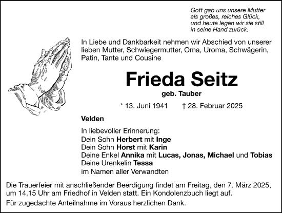 Traueranzeige von Frieda Seitz von Hersbrucker Zeitung Lokal