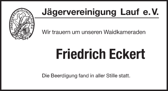 Traueranzeige von Friedrich Eckert von Pegnitz-Zeitung