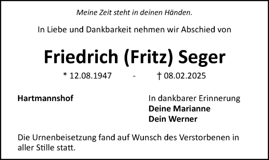 Traueranzeige von Fritz Seger von Hersbrucker Zeitung Lokal