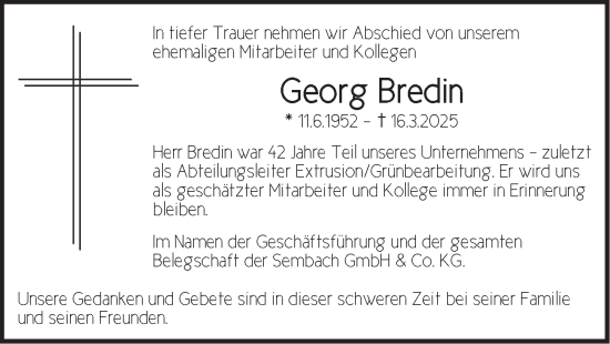 Traueranzeige von Georg Bredin von Pegnitz-Zeitung