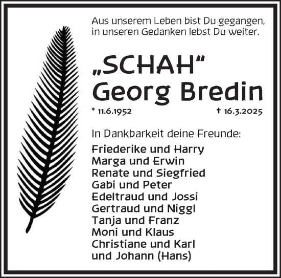 Traueranzeige von Georg Bredin von Pegnitz-Zeitung