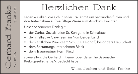 Traueranzeige von Gerhard Franke von Hersbrucker Zeitung Lokal