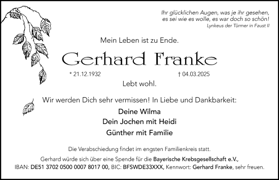 Traueranzeige von Gerhard Franke von Hersbrucker Zeitung Lokal