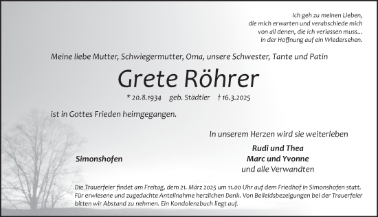 Traueranzeige von Grete Röhrer von Pegnitz-Zeitung