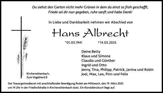 Traueranzeige von Hans Albrecht von Hersbrucker Zeitung Lokal