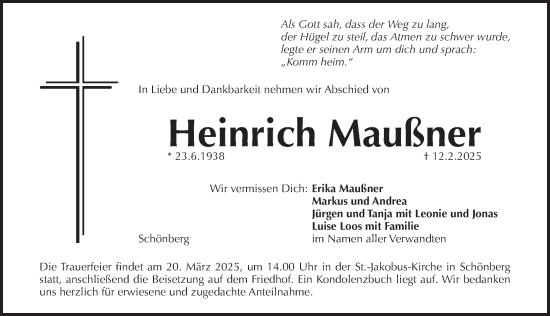 Traueranzeige von Heinrich Maußner von Pegnitz-Zeitung