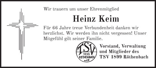 Traueranzeige von Heinz Keim von Pegnitz-Zeitung