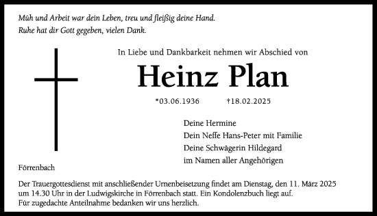 Traueranzeige von Heinz Plan von Hersbrucker Zeitung Lokal