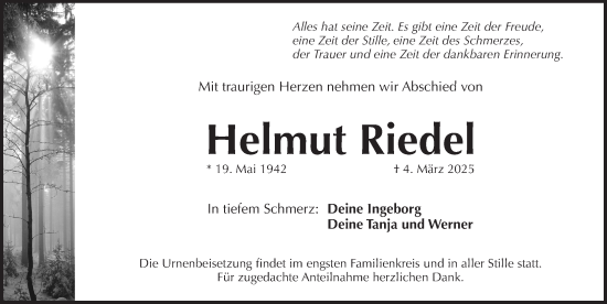 Traueranzeige von Helmut Riedel von Pegnitz-Zeitung