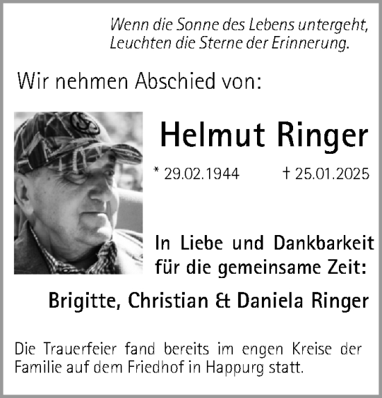 Traueranzeige von Helmut Ringer von Hersbrucker Zeitung Lokal