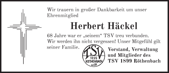 Traueranzeige von Herbert Häckel von Pegnitz-Zeitung