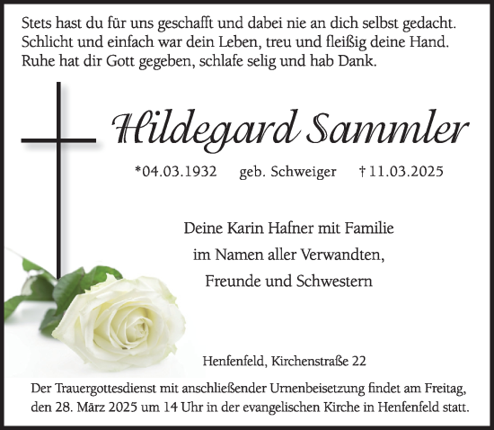 Traueranzeige von Hildegard Sammler von Hersbrucker Zeitung Lokal