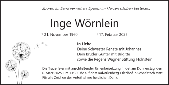 Traueranzeige von Inge Wörnlein von Pegnitz-Zeitung