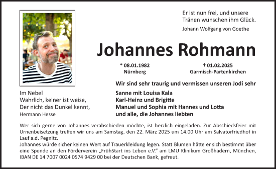 Traueranzeige von Johannes Rohmann von Pegnitz-Zeitung