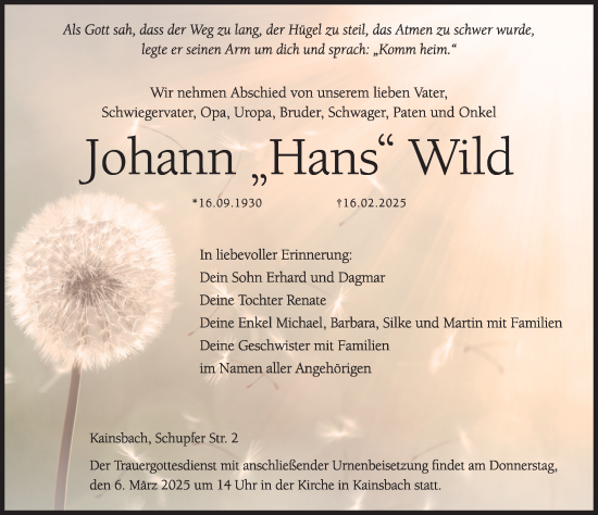 Traueranzeige von Johann Hans Wild von Hersbrucker Zeitung Lokal