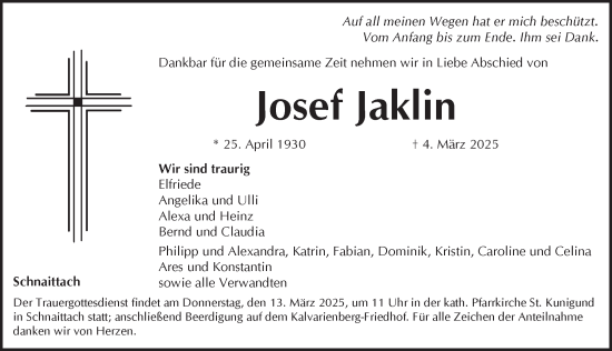 Traueranzeige von Josef Jaklin von Pegnitz-Zeitung