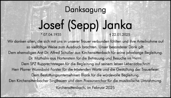 Traueranzeige von Josef Janka von Hersbrucker Zeitung Lokal