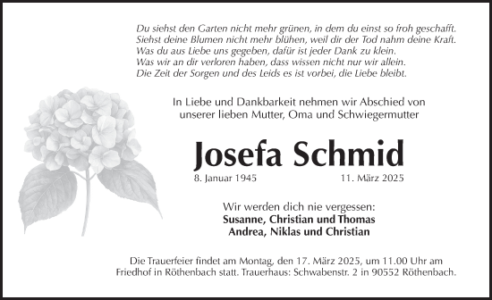 Traueranzeige von Josefa Schmid von Pegnitz-Zeitung