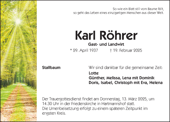 Traueranzeige von Karl Röhrer von Hersbrucker Zeitung Lokal