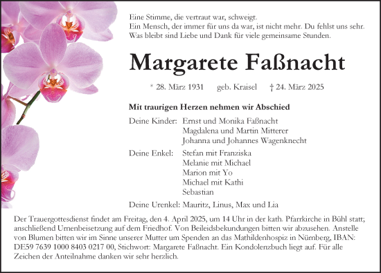 Traueranzeige von Margarete Faßnacht von Pegnitz-Zeitung