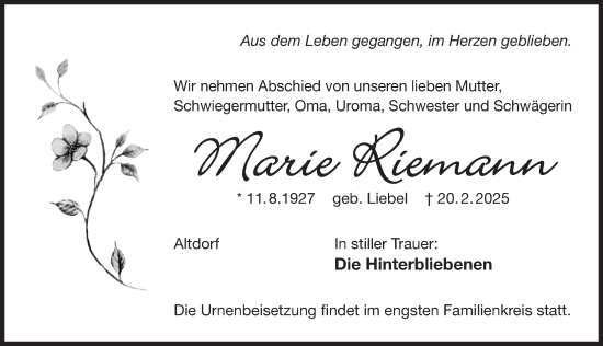 Traueranzeige von Marie Riemann von Der Bote